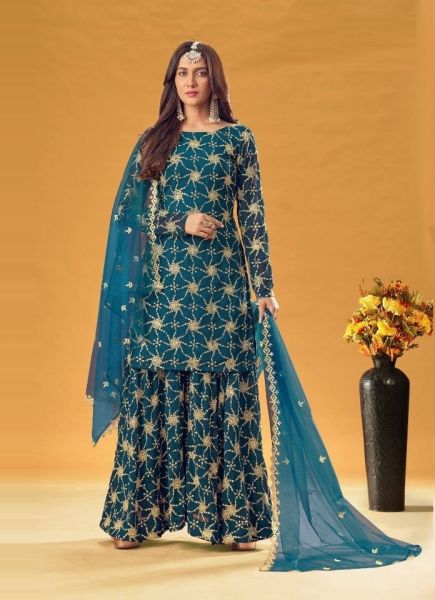Sea Blue Georgette Embroidered Party-Wear Sharara-Bottom Salwar Kameez
