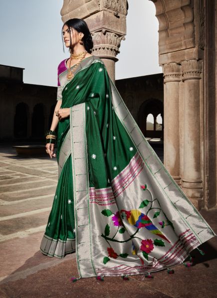 Dark Green Silk Paithani Weaving Festive-Wear Saree