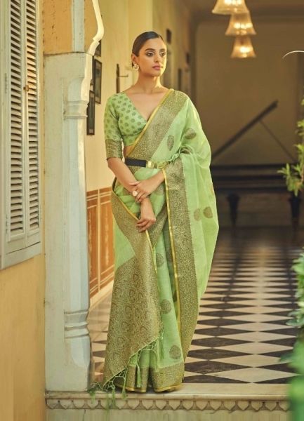 Light Green Linen Weaving Festive-Wear Tissue Silk Saree