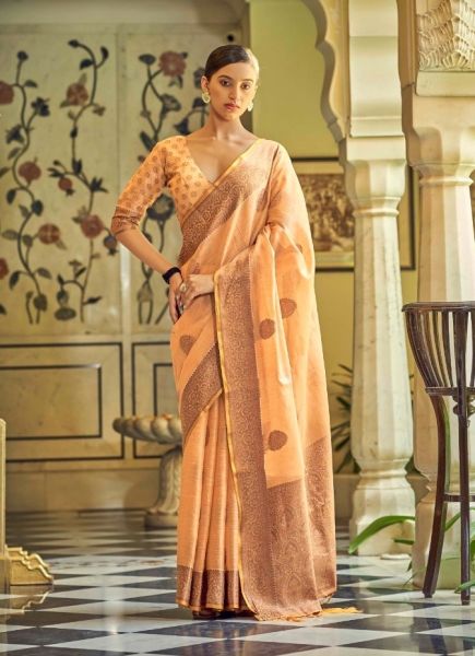 Peach Linen Weaving Festive-Wear Tissue Silk Saree