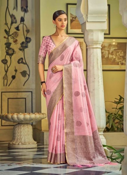 Pink Linen Weaving Festive-Wear Tissue Silk Saree