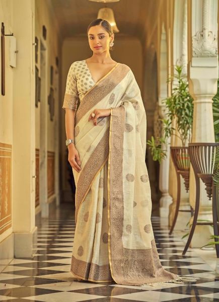 Beige Linen Weaving Festive-Wear Tissue Silk Saree