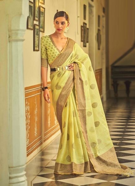 Yellow Linen Weaving Festive-Wear Tissue Silk Saree