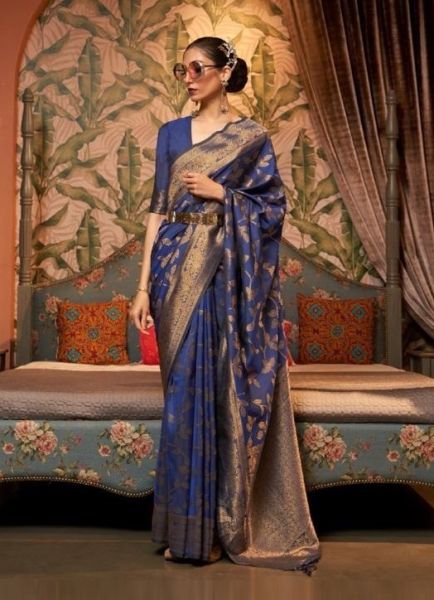 Dark Blue Two Tone Weaving Silk Festive-Wear Handloom Saree