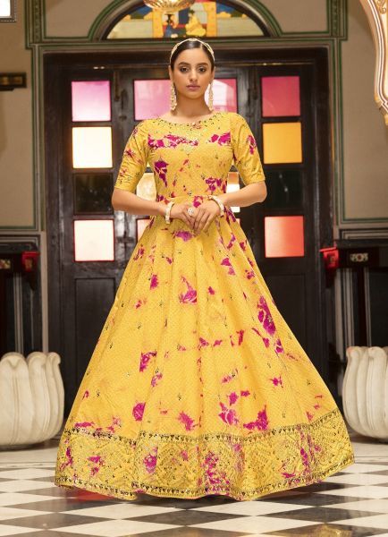 Yellow Cotton Sequins, Embroidery & Shibori-Print Party-Wear Floor-Length Gown