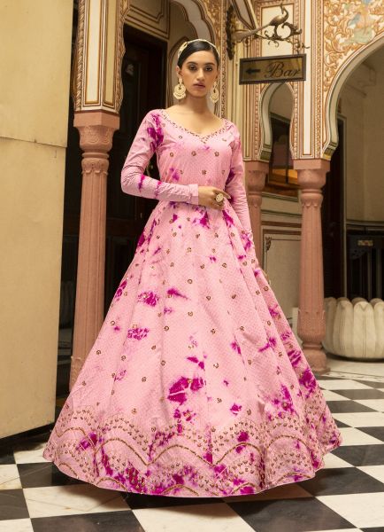 Pink Cotton Sequins, Embroidery & Shibori-Print Party-Wear Floor-Length Gown