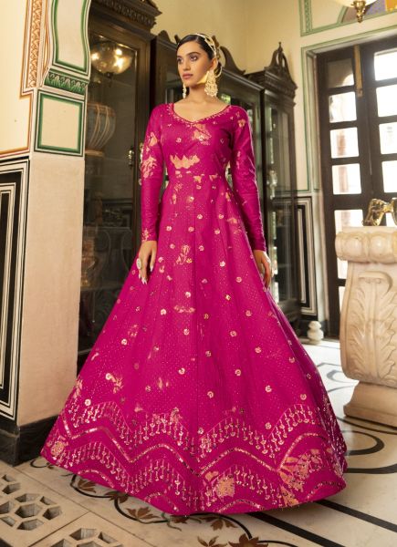 Deep Pink Cotton Sequins, Embroidery & Shibori-Print Party-Wear Floor-Length Gown