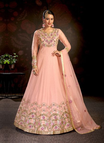 Pink Net Embroidered Party-Wear Floor-Length Salwar Kameez
