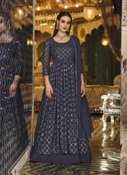 Midnight Blue Georgette Embroidered Party-Wear Sequins-Work Readymade Salwar Kameez