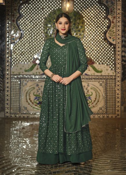 Dark Moss Green Georgette Embroidered Party-Wear Sequins-Work Readymade Salwar Kameez