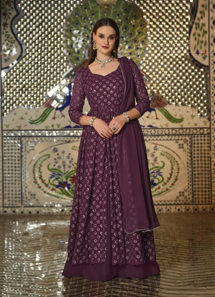 Purple Georgette Embroidered Party-Wear Sequins-Work Readymade Salwar Kameez