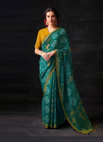 Teal Blue Brasso Silk With Bandhani Print Festive-Wear Saree [Contrast-Blouse]