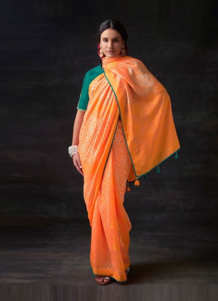 Cantaloupe Orange Brasso Silk With Bandhani Print Festive-Wear Saree [Contrast-Blouse]