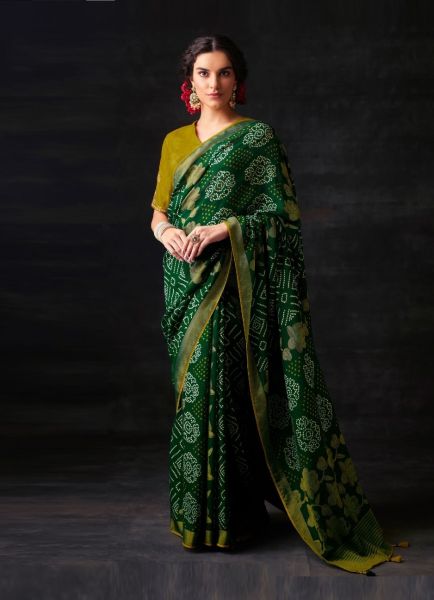 Dark Green Brasso Silk With Bandhani Print Festive-Wear Saree [Contrast-Blouse]