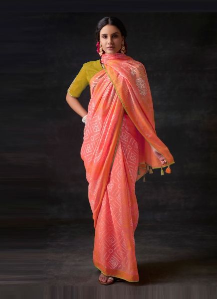 Pink Brasso Silk With Bandhani Print Festive-Wear Saree [Contrast-Blouse]