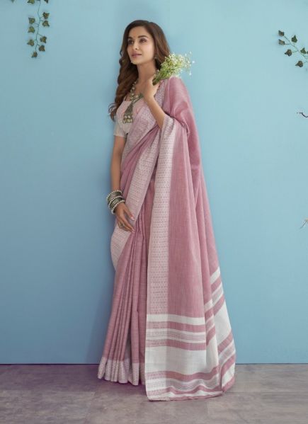 Pink Weaving Office-Wear Linen-Cotton Saree