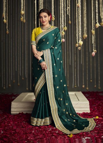 Teal Green Organza Silk Embroidered Party-Wear Saree [Kajal Aggarwal Collection]
