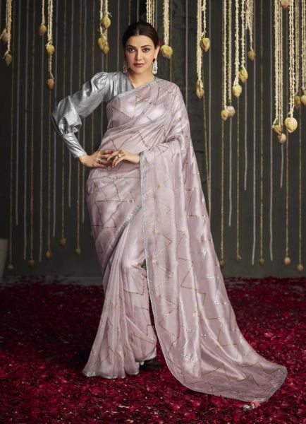 Light Pink Organza Silk Embroidered Party-Wear Saree [Kajal Aggarwal Collection]