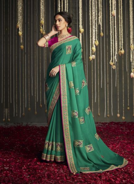 Sea Green Organza Silk Embroidered Party-Wear Saree [Kajal Aggarwal Collection]