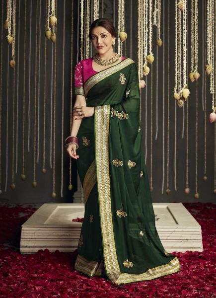 Dark Green Organza Silk Embroidered Party-Wear Saree [Kajal Aggarwal Collection]