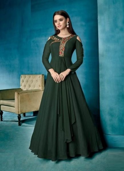 Dark Green Georgette Thread-Work Festive-Wear Readymade Gown With Dupatta (With Inner)