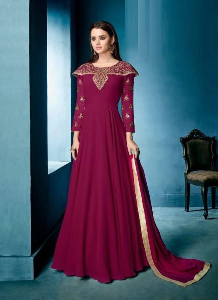 Jam Georgette Thread-Work Festive-Wear Readymade Gown With Dupatta (With Inner)