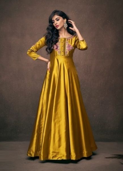Golden Taffeta Silk Embroidered Festive-Wear Floor-Length Readymade Gown