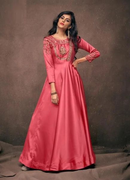 Dark Pink Taffeta Silk Embroidered Festive-Wear Floor-Length Readymade Gown