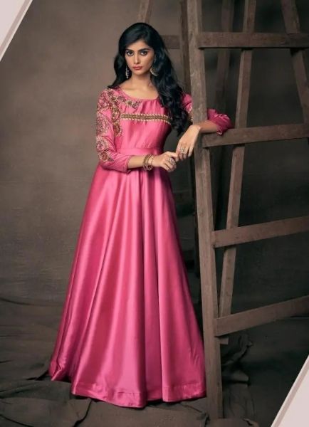 Hot Pink Taffeta Silk Embroidered Festive-Wear Floor-Length Readymade Gown