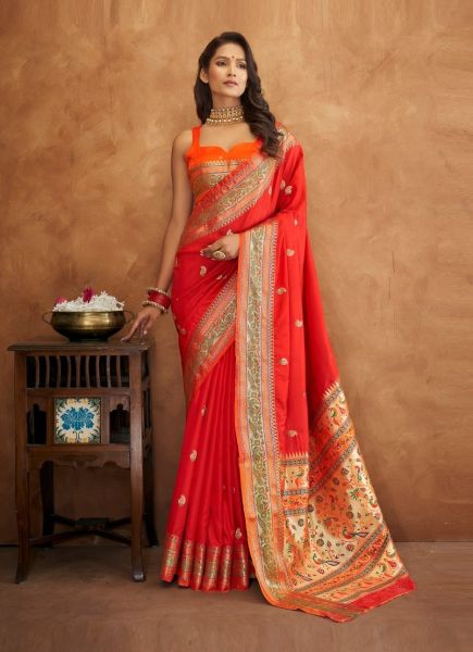Red Banarasi Weaving Festive-Wear Soft Silk Saree