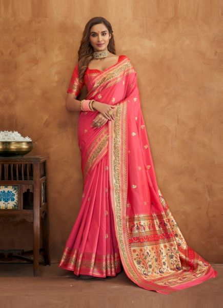 Coral Red Banarasi Weaving Festive-Wear Soft Silk Saree