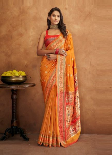 Orange Banarasi Weaving Festive-Wear Soft Silk Saree