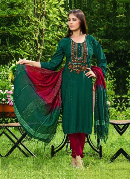 Teal Green Rayon With Sequins & Embroidery Work Summer-Wear Pant-Bottom Readymade Salwar Kameez