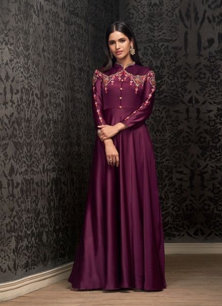 Purple Glowing Georgette Embroidered Festive-Wear Floor-Length Readymade Gown [With Inner]