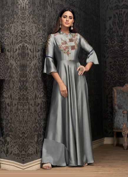 Silver Gray Glowing Georgette Embroidered Festive-Wear Floor-Length Readymade Gown [With Inner]