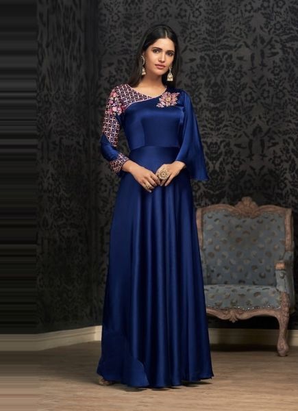 Blue Glowing Georgette Embroidered Festive-Wear Floor-Length Readymade Gown [With Inner]