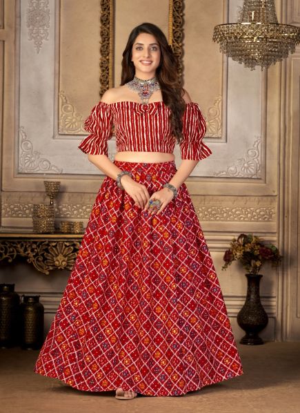 Red Moscow Silk Printed Festive-Wear Navratri Special Lehenga Choli [With Inner]