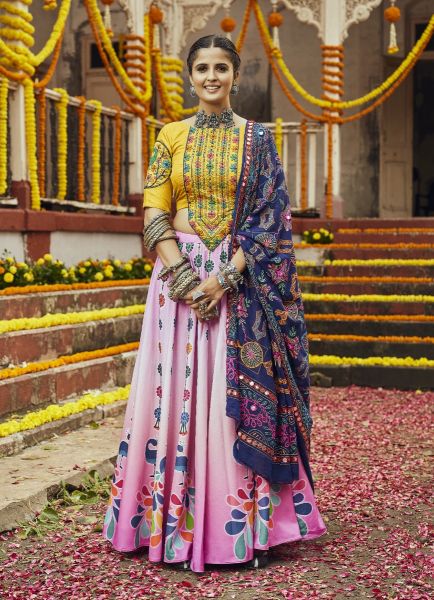 Light Pink & Yellow Muslin Cotton Printed Festive-Wear Navratri Special Lehenga Choli