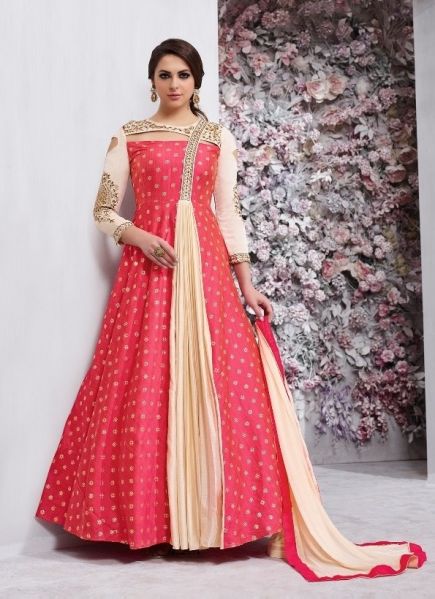 Radical Red Tapeta Silk Embroidered Festive-Wear Readymade Gown With Dupatta [With Can-Can]