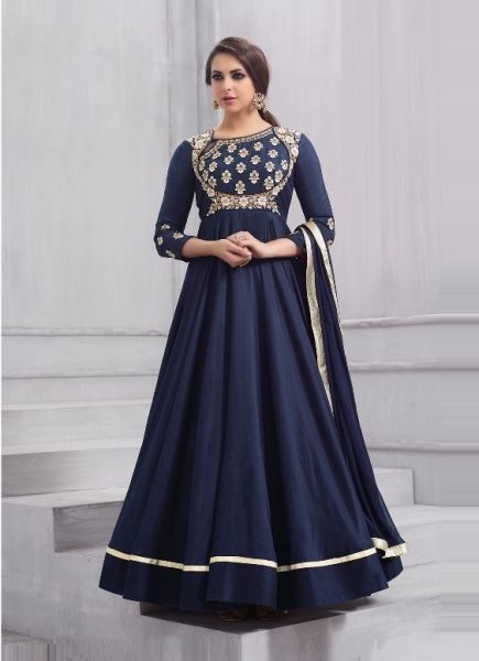 Navy Blue Tapeta Silk Embroidered Festive-Wear Readymade Gown With Dupatta [With Can-Can]