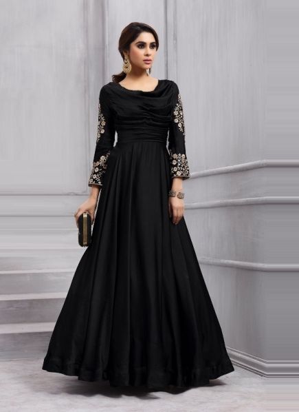 Black Tapeta Silk Embroidered Festive-Wear Readymade Gown With Dupatta [With Can-Can]