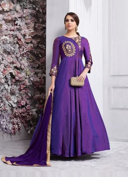 Purple Tapeta Silk Embroidered Festive-Wear Readymade Gown With Dupatta [With Can-Can]