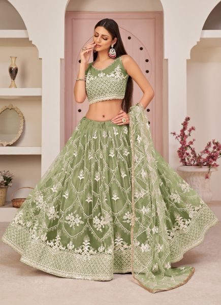 Sage Green Net With Cotton Embroidery & Thread-Work Festive-Wear Sequins-Work Lehenga Choli