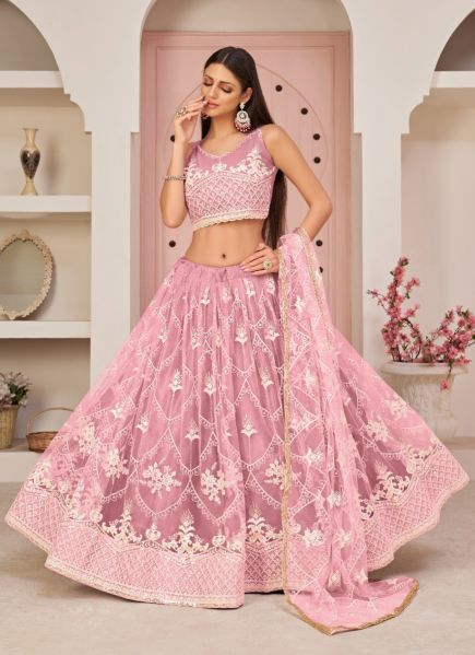 Pink Net With Cotton Embroidery & Thread-Work Festive-Wear Sequins-Work Lehenga Choli