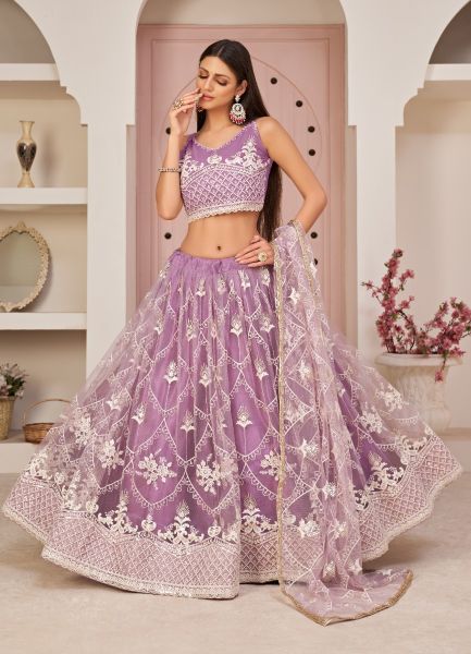 Lilac Net With Cotton Embroidery & Thread-Work Festive-Wear Sequins-Work Lehenga Choli