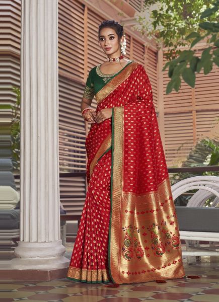 Red Embroidered Paithani Silk Party-Wear Saree With Double Blouse
