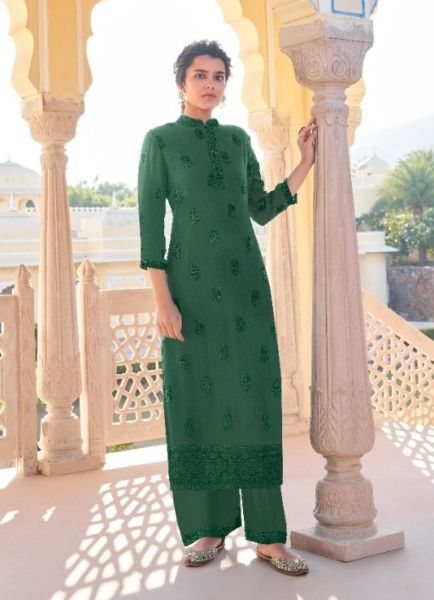 Sea Green Heavy Faux Georgette Embroidered Festive-Wear Readymade Kurti With Pant