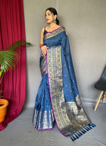 Royal Blue Jacquard Weaving Festive-Wear Checks Saree