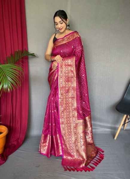 Deep Pink Jacquard Weaving Festive-Wear Checks Saree