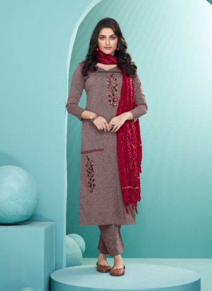 Brown Cotton Embroidered Office-Wear Pant-Bottom Readymade Salwar Kameez